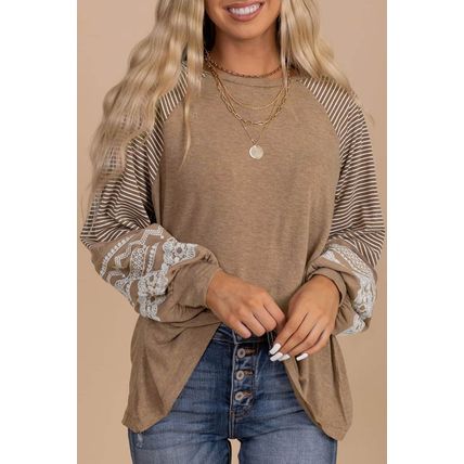 Light French Beige Floral Striped Patchwork Loose Long Sleeve Top