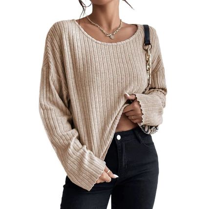 Beige Lettuce Cuffs Drop Shoulder Loose Ribbed Knit Top