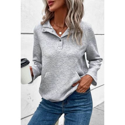 Light Grey Textured Knit Buttoned Kangaroo Pocket Sweatshirt