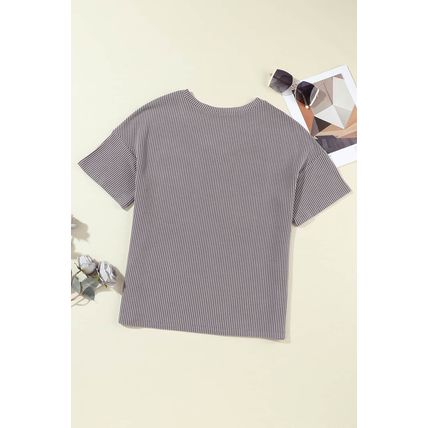 Light Grey Corded V Neck Chest Pocket Loose T-shirt
