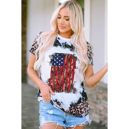 Leopard Vintage American Flag Graphic T Shirt