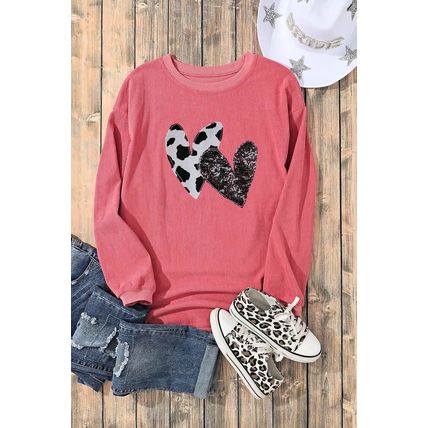 Strawberry Pink Leopard Sequin Heart Graphic Corded Sweatshirt