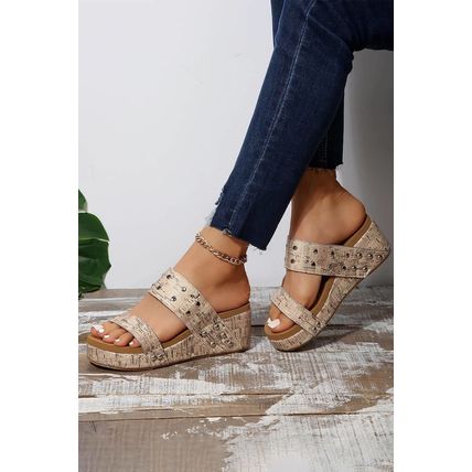 Camel Rivet Double Straps Wedge Slippers