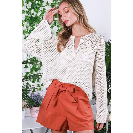 White Open Knit Buttoned Neck Split Sleeve Sweater