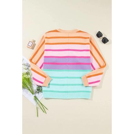 Multicolour Gradient Striped Ribbed Edge Loose Sweater