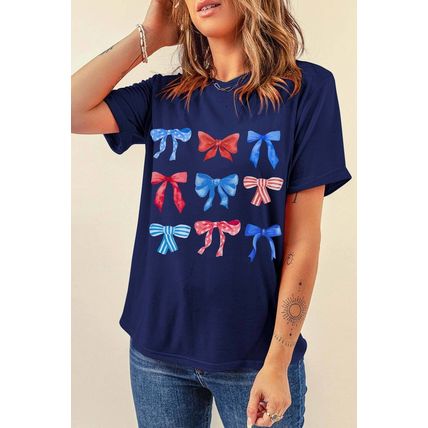 Blue Diverse Bowknot Print Independent Day Graphic Tee