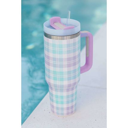 Orchid Petal Plaid Print Handle Large Vacuum Cup 40oz