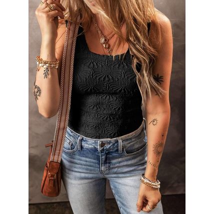 Black Floral Jacquard Square Neck Tank Top