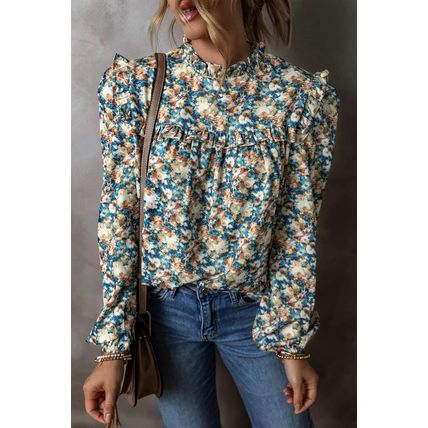 Sky Blue Floral Print Frilled Mock Neck Puff Sleeve Blouse