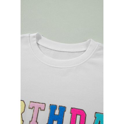 White BIRTHDAY QUEEN Graphic Balloon Sleeve Sweatshirt