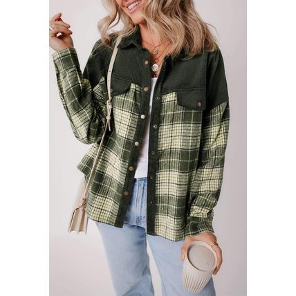 Blackish Green Snap Buttons Colorblock Plaid Shacket