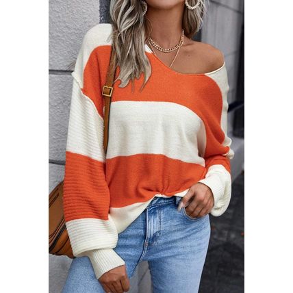 Orange Stripe Loose Color Block Drop Shoulder Bubble Sleeve Sweater