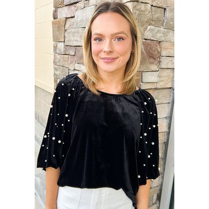 Black Pearl Beaded Half Sleeve Velvet Top