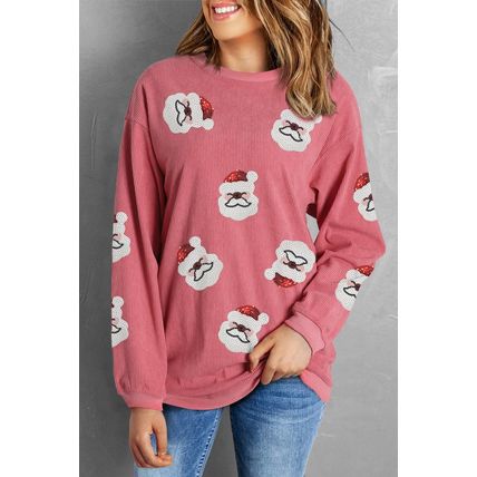 Strawberry Pink Sequin Santa Clause Christmas Corded Sweatshirt