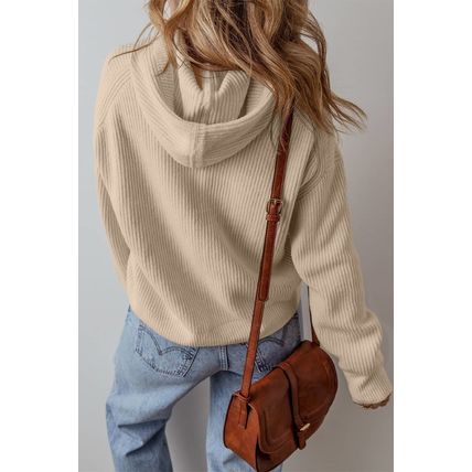 Beige Solid Color Drawstring Hooded Drop Shoulder Pullover Sweater