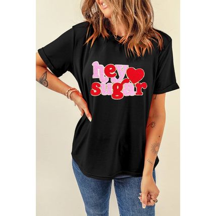 Black Chenille Heart hey sugar Patched Crewneck Valentines Tee