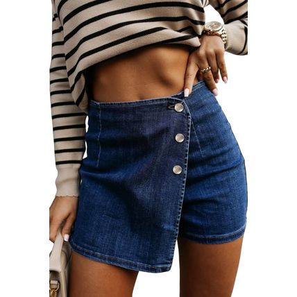 Bluing Asymmetric Wrapped Buttoned High Waist Denim Shorts