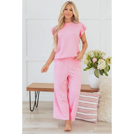 Pink Textured Pearled Ruffled Sleeve Wide Leg Pants Set