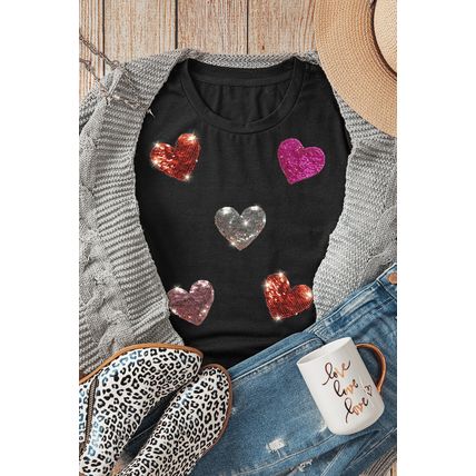 Black Sequin Heart Patched Pattern Crewneck Valentines Tee