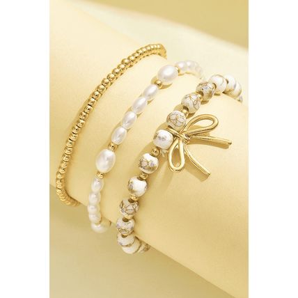 Gold Bow Knot Charm Beaded Triple Layer Bracelet Set