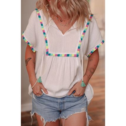 White Colorful Fringed Detail Tassel Tie Neck Short Sleeve Blouse