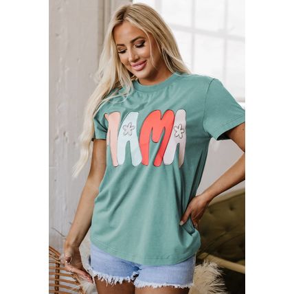 Sea Green MAMA Printed Mineral Wash Crewneck T Shirt