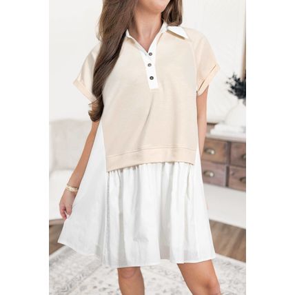 Jet Stream Shirt Collar Buttoned Patchwork Short Sleeve Mini Dress