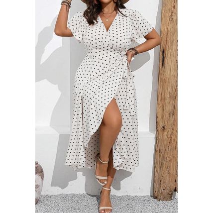 Khaki Polka Dot Surplice V Neck Tied Waist Flutter Sleeve Flowy Plus Size Midi D