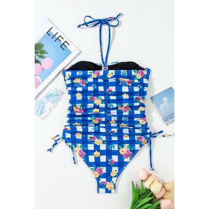 Blue Folk Gingham Halter Ruched Bodice Drawstring Ties One Piece Swimwear