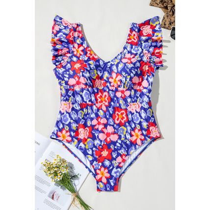 Blue Floral Print Ruffled V Neck High Waist One Piece Swimwear