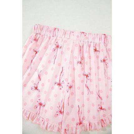 Pink Bow Print Contrast Pipping Short Pajamas Set