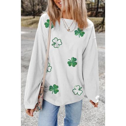 White Sequin Clover Patched Drop Shoulder Corded Sweatshirt