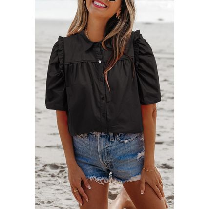 Black Frilly Puff Sleeve Stylish Collared Shirt