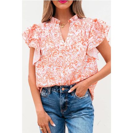Orange Floral Ruffle Sleeve Split Neck Blouse