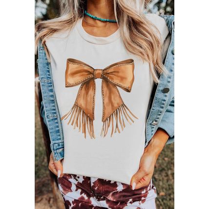 White Tassel Bowknot Print Round Neck Western Fashion T Shirt