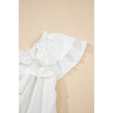 White Off Shoulder Ruffle Knotted Detail Swiss Dot Blouse