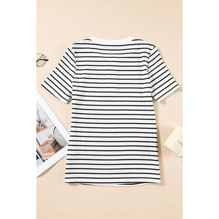 White Stripe Textured Short Sleeve Buttoned Henley Top