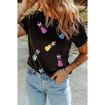 Black Sequined Bow Guitar Country Music Festival Casual Tee