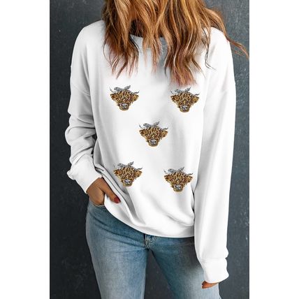 White Sequin Heifer Patched Drop Shoulder Sweatshirt