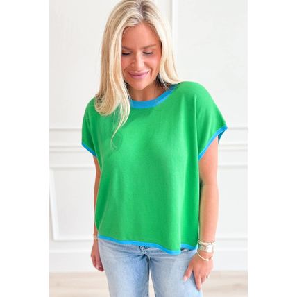 Green Contrast Trim Round Neck Short Sleeve Loose Knit Sweater