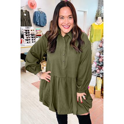 Four Leaf Clover Plus Size Collar Half Button Long Sleeve Ruffle Hem Mini Dress