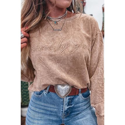 DUNE saved by grace Letter Embroidery Mineral Wash Loose Sweatshirt