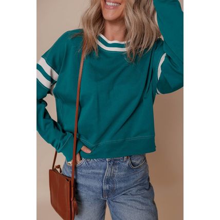 Blackish Green Contrast Striped Patchwork Round Neck Drop Shoulder Sweatshirt