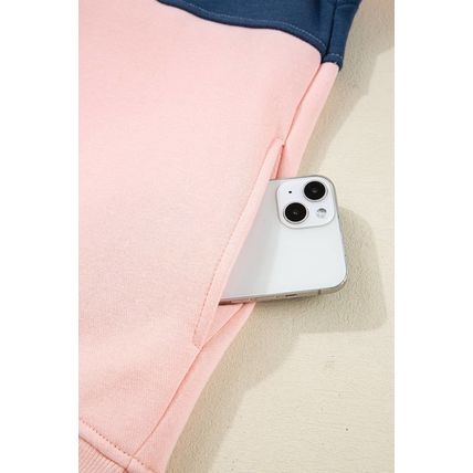 Pink Colorblock Patchwork Half Button Baggy Sweatshirt