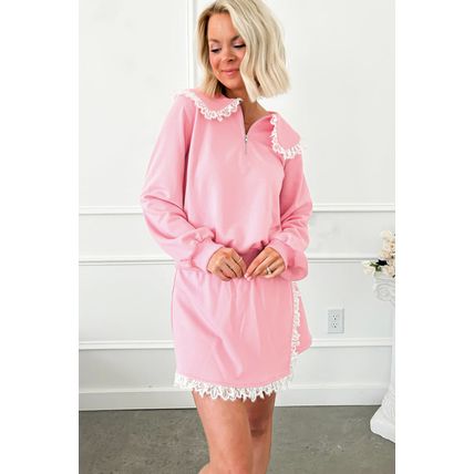 Pink Peter Pan Lace Embellished Neck Collision Sweatshirt and Skirt Two Piece Se