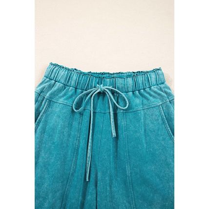 Lapis Mineral Wash Lace-up High Waist Raw Hem Patched Pocket Pants