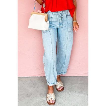 Myosotis Exposed Stitch Detail Drawstring Barrel Jeans