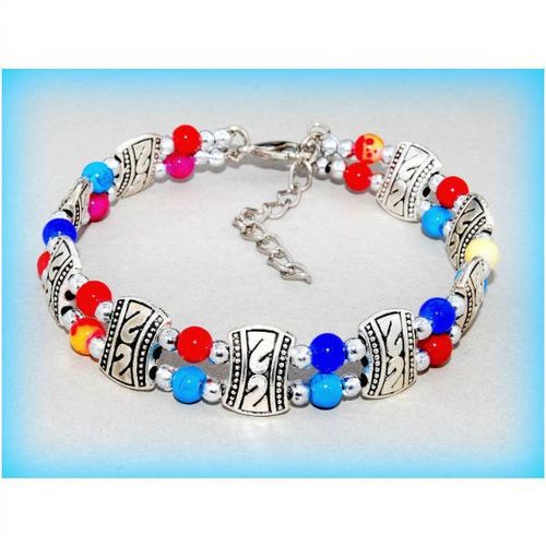 Tibetan Hill Tribe Silver Tone Coloured Beads Bracelet Bangle Jewellery 1583
