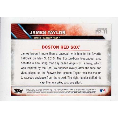 2016 Topps First Pitch James Taylor insert card #FP-11 Red Sox