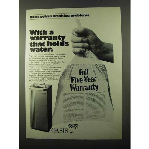 1971 Oasis Water Fountain Ad - Warranty Holds Water